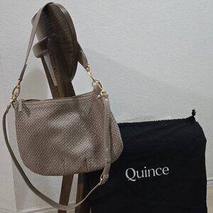 QUINCE Italian Leather Convertible Crescent Handwoven Shoulder Bag  in Taupe col